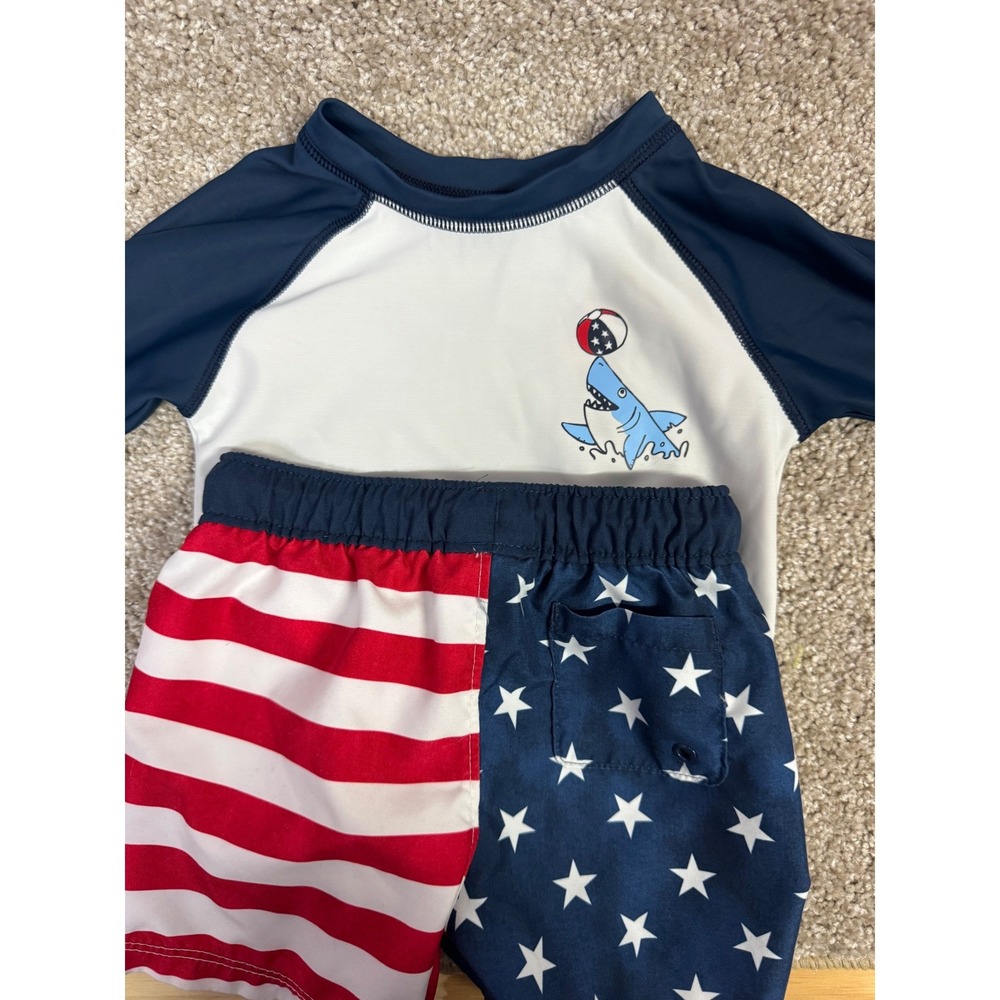 Old Navy Baby Boy Shark American Flag Rash Guard and Swim Trunks Set 6-12M
